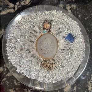 Glass Plate with Quartz Gems and Sea Glass wall decor Handmade